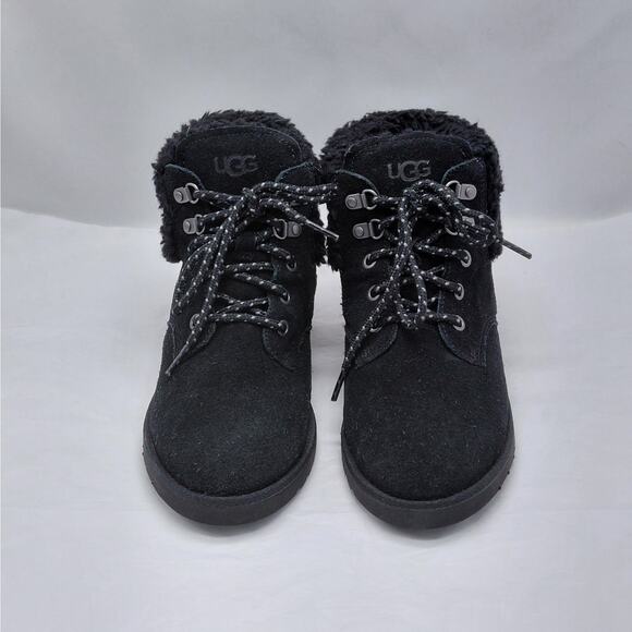 UGG Womens Boots Size 6 Black Suede Shearling Fur Lined Winter Ankle Lace Up New - Picture 3 of 12